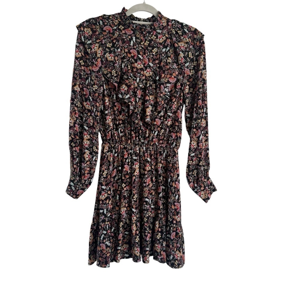 Zara floral mini dress X Small ruffled elastic waistband black orange blue